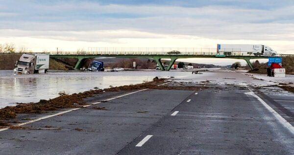 This photo provided by the Oregon State Police shows severe flooding on Interstate 84, a major freeway linking Idaho and Oregon, near Hermiston, Ore., on Feb. 7, 2020. (Oregon State Police via AP)