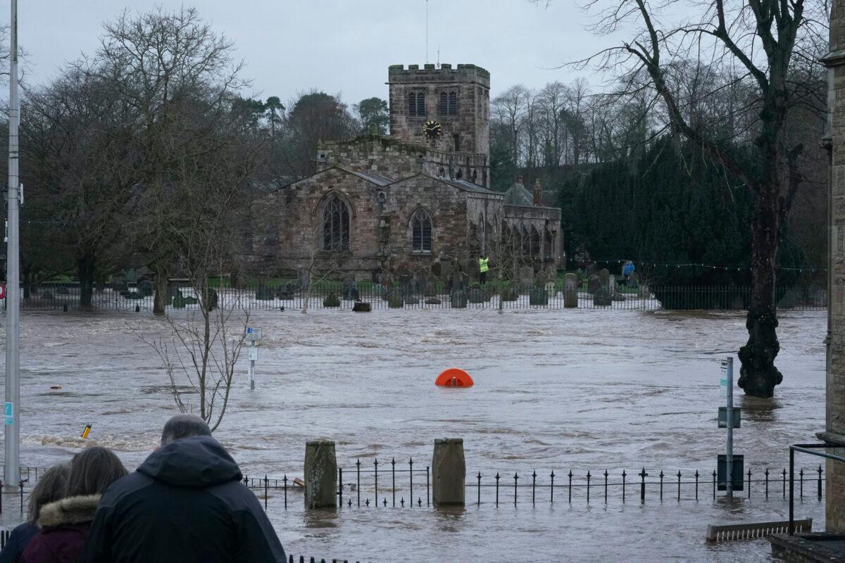 Flooded streets in Appleby-in-Westmorland, Cumbria, as Storm Ciara hits the UK on Sunday, Feb. 9, 2020. (Owen Humphreys/PA Wire)