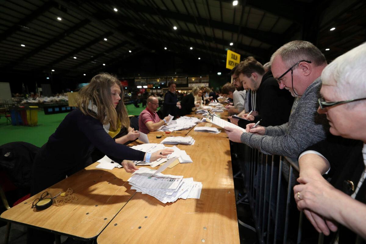 Counting starts for the Irish General Election in Dublin, on Feb. 9, 2020. (Niall Carson/PA via AP)