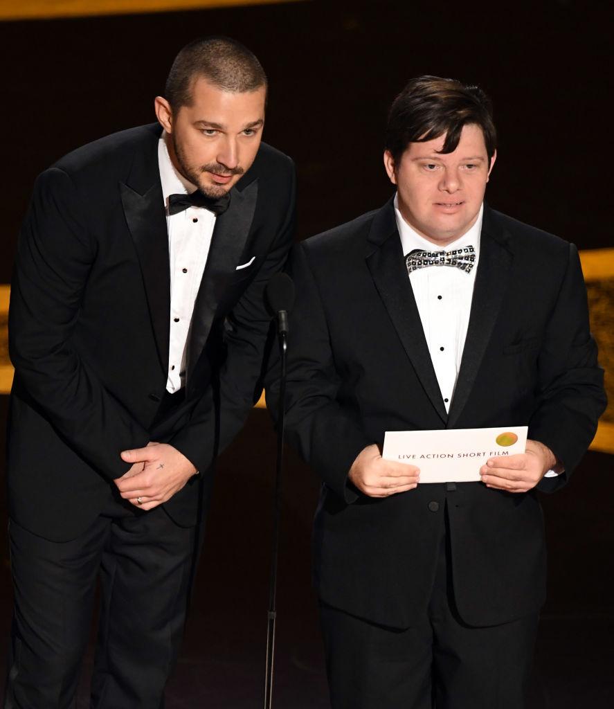 LaBeouf and Gottsagen speak onstage during the 92nd annual Oscars in Hollywood, California, on Feb. 9, 2020. (©Getty Images | <a href="https://www.gettyimages.com/detail/news-photo/shia-labeouf-and-zack-gottsagen-speak-onstage-during-the-news-photo/1205151879?adppopup=true">Kevin Winter</a>)