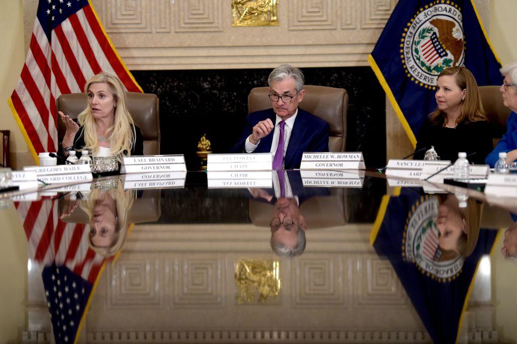 U.S. Federal Reserve Chair Jerome Powell (C) flanked by Federal Reserve Governors Lael Brainard (L) and Michelle Bowman (R) attends an event at the Federal Reserve headquarters in Washington, on Oct. 4, 2019. (Eric Baradat/AFP/Getty Images)