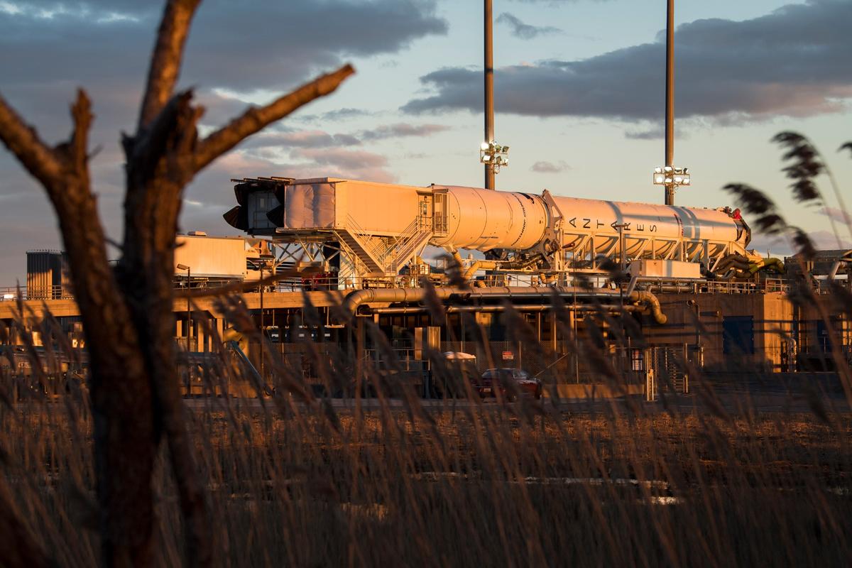 A Northrop Grumman Antares rocket carrying a Cygnus resupply spacecraft is horizontal for the final cargo load on Pad-0A, at NASA's Wallops Flight Facility in Virginia on Feb. 7, 2020. (Aubrey Gemignani/NASA via Getty Images)