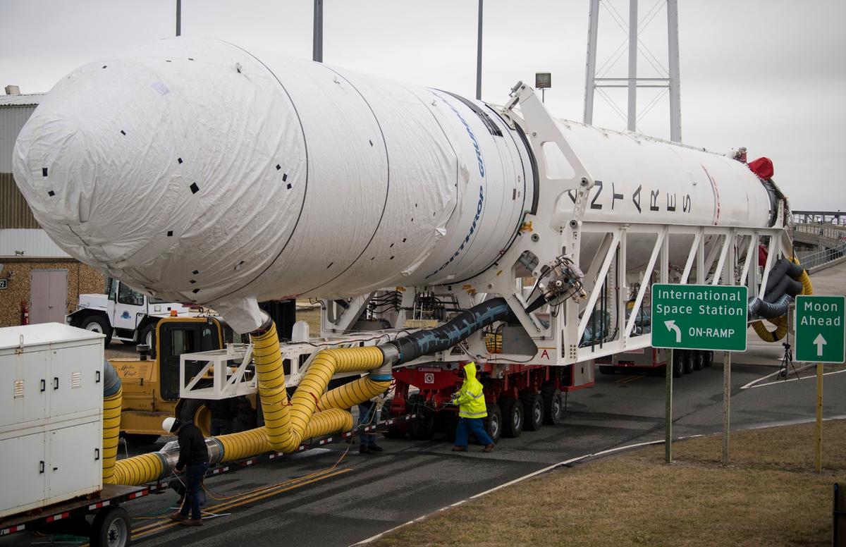 A Northrop Grumman Antares rocket arrives at launch Pad-0A, at NASA's Wallops Flight Facility in Virginia on Feb. 5, 2020. (Aubrey Gemignani/NASA via Getty Images)