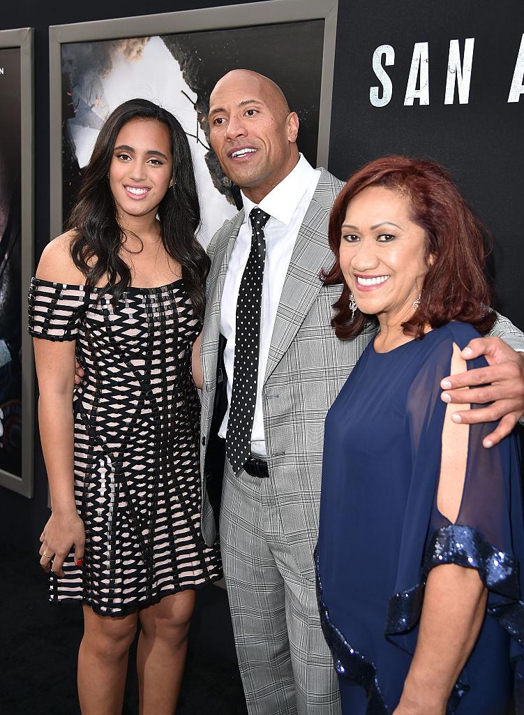 Johnson, his daughter Simone, and his mother, Ata Johnson, arrive at the premiere of "San Andreas" at TCL Chinese Theater in Hollywood, California, on May 26, 2015. (©Getty Images | <a href="https://www.gettyimages.com/detail/news-photo/actor-dwayne-the-rock-johnson-with-daughter-simone-news-photo/474817244?adppopup=true">Kevin Winter</a>)