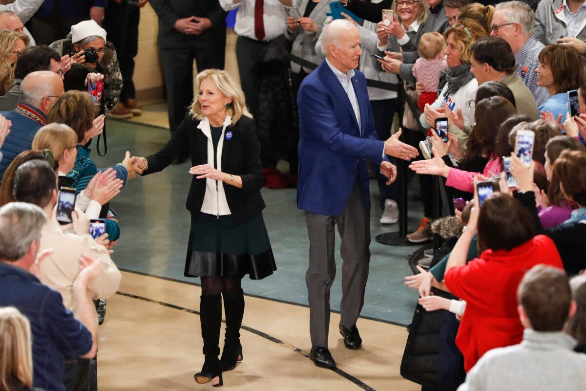 Democratic presidential candidate former Vice President Joe Biden and his wife Jill Biden greet supporters during a campaign event at St. George Greek Orthodox Cathedral in Manchester, N.H. on, Feb. 10, 2020 (Pablo Martinez Monsivais/AP Photo)