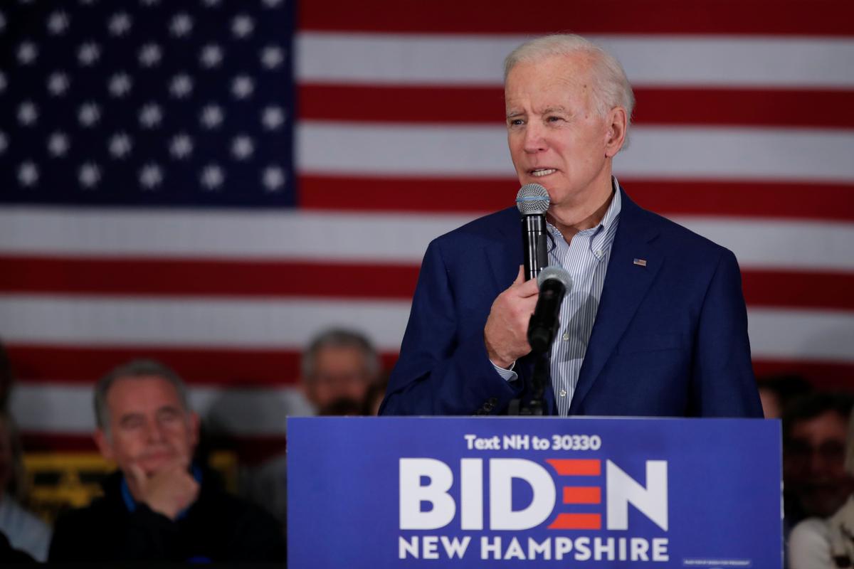 Democratic 2020 presidential candidate and former Vice President Joe Biden speaks during a campaign event in Gilford, New Hampshire, on Feb. 10, 2020. (Carlos Barria/Reuters)