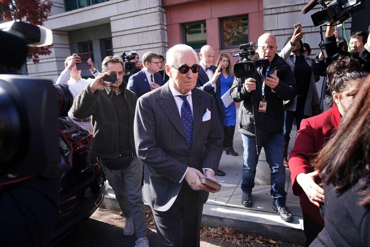 Former adviser to President Donald Trump Roger Stone leaves the E. Barrett Prettyman United States Courthouse after being found guilty of obstructing a congressional investigation into Russia’s interference in the 2016 election, in Washington on Nov. 15, 2019. (Win McNamee/Getty Images)