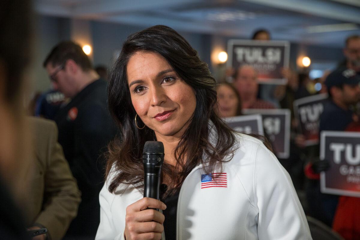 Rep. Tulsi Gabbard (D-Hawaii) answers media questions following a campaign event in Portsmouth, N.H., on Feb. 9, 2020. (Scott Eisen/Getty Images)