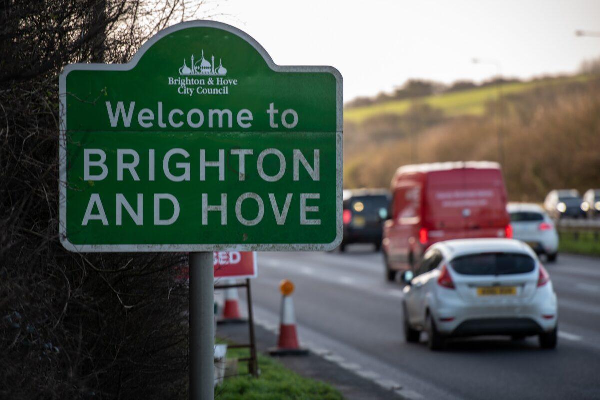 A welcome to Brighton and Hove sign by the side of the road in Brighton, United Kingdom, on Feb. 11, 2020. Several locations in and around Brighton have been quarantined after a man linked to several coronavirus cases in the UK came into contact with the public and healthcare workers. (Chris J Ratcliffe/Getty Images)
