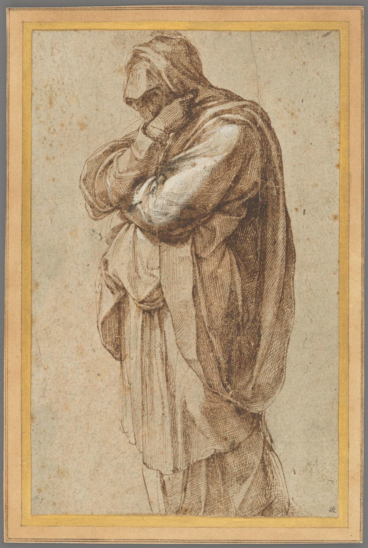 Study of a Mourning Woman, 1500–1505, by Michelangelo. Pen and brown ink, heightened with white lead opaque watercolor. (Public Domain)