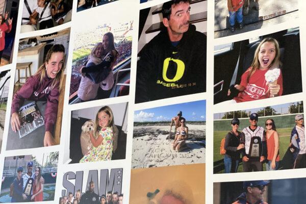Family photos on display at a memorial service for helicopter-crash victims John, Keri, and Alyssa Altobelli at Angel Stadium in Anaheim, Calif., on Feb. 10, 2020. (Jamie Joseph/The Epoch Times)