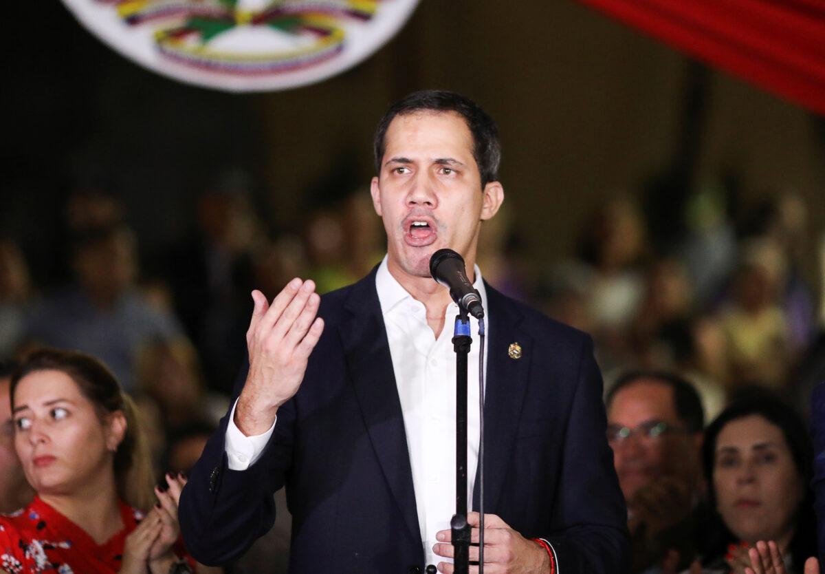 Venezuela's opposition leader Juan Guaido, who many nations have recognized as the country's rightful interim ruler, speaks at a gathering in Caracas, Venezuela on Feb. 11, 2020. (Manaure Quintero/Reuters)