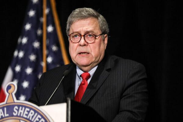Attorney General William Barr speaks at the National Sheriffs’ Association conference in Washington on Feb. 10, 2020. (Charlotte Cuthbertson/The Epoch Times)