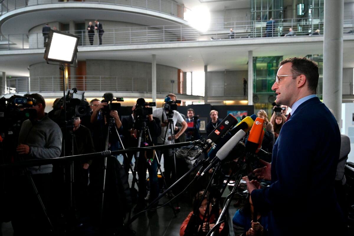 German Health Minister Jens Spahn talks to media during a press statement on the coronavirus epidemic at the Paul-Loebe-Haus parliamentary annex in Berlin on Feb. 12, 2020. (John Macdougall/AFP via Getty Images)