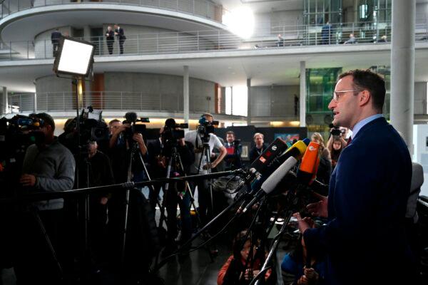 German Health Minister Jens Spahn talks to media during a press statement on the CCP virus epidemic at the Paul-Loebe-Haus parliamentary annex in Berlin on Feb. 12, 2020. (John Macdougall/AFP via Getty Images)