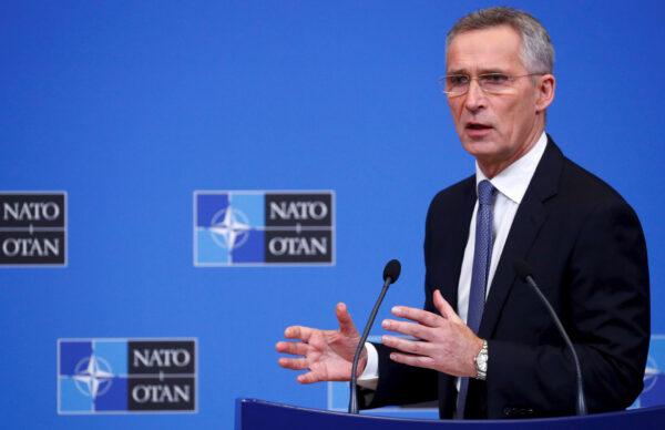 NATO Secretary-General Jens Stoltenberg speaks at a news conference following NATO defense ministers meeting at the Alliance headquarters in Brussels on Feb. 12, 2020. (Francois Lenoir/Reuters)