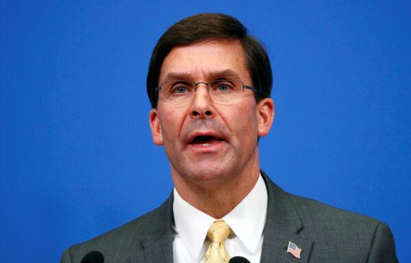 U.S. Secretary of Defence Mark Esper speaks at a news conference following NATO defense ministers meeting at the Alliance headquarters in Brussels, Belgium, February 13, 2020. (Francois Lenoir/Reuters)