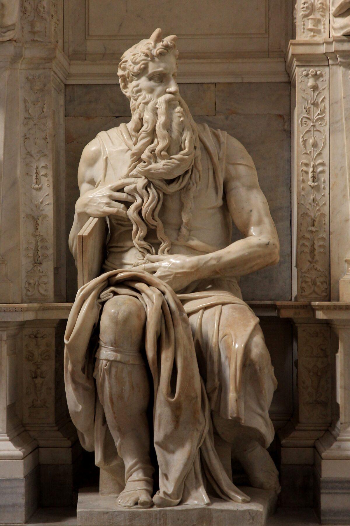 Moses could see the unseeable. “Moses” by Michelangelo in the church of San Pietro in Vincoli in Rome. (The horns on Moses’s head are attributed to the Latin translation of the Bible at the time of the statue’s creation.) (Jorg Bittner Unna CC BY 3.0)