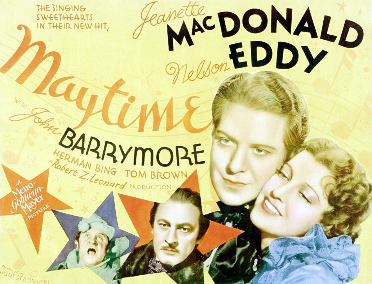 A poster for “Maytime,” starring Jeanette MacDonald, Nelson Eddy, John Barrymore, and Herman Bing. (Metro-Goldwyn-Mayer Studios)