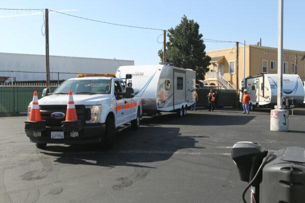 Trailers are set up in south Los Angeles for homeless families to move into, on Feb. 13, 2020. (Courtesy of Governor Gavin Newsom's Office)