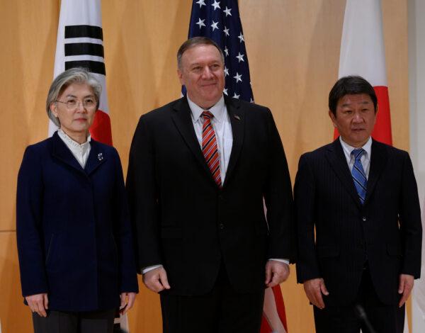 South Korea's Foreign Minister Kang Kyung-wha, U.S. Secretary of State Mike Pompeo and Japan's Foreign Minister Toshimitsu Motegi pose during a trilateral meeting during the 56th Munich Security Conference (MSC) in Munich, southern Germany on Feb. 15, 2020. (Andrew Caballero-Reynolds/Pool via Reuters)