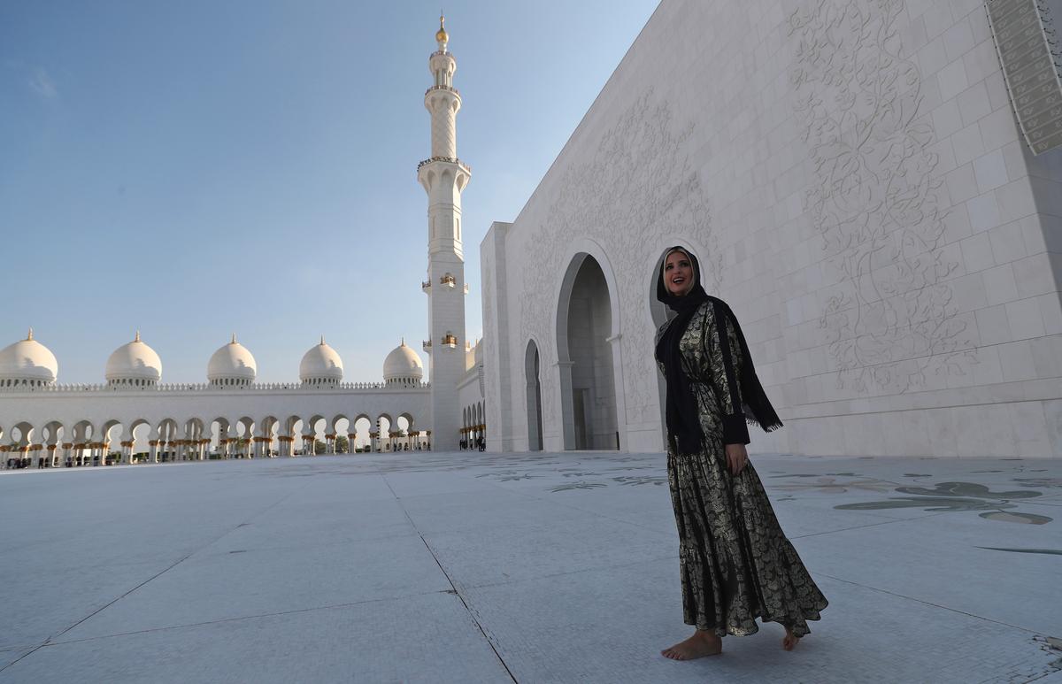 Ivanka Trump, senior adviser to President Donald Trump, visits the Sheikh Zayed Grand Mosque in Abu Dhabi, United Arab Emirates, on Feb. 15, 2020. (AP Photo/Kamran Jebreili)