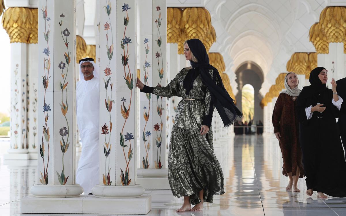 Ivanka Trump, senior adviser to President Donald Trump, visits the Sheikh Zayed Grand Mosque in Abu Dhabi, United Arab Emirates, on Feb. 15, 2020. Ivanka Trump will deliver keynote address at Global Women’s Forum in Dubai tomorrow. (AP Photo/Kamran Jebreili)