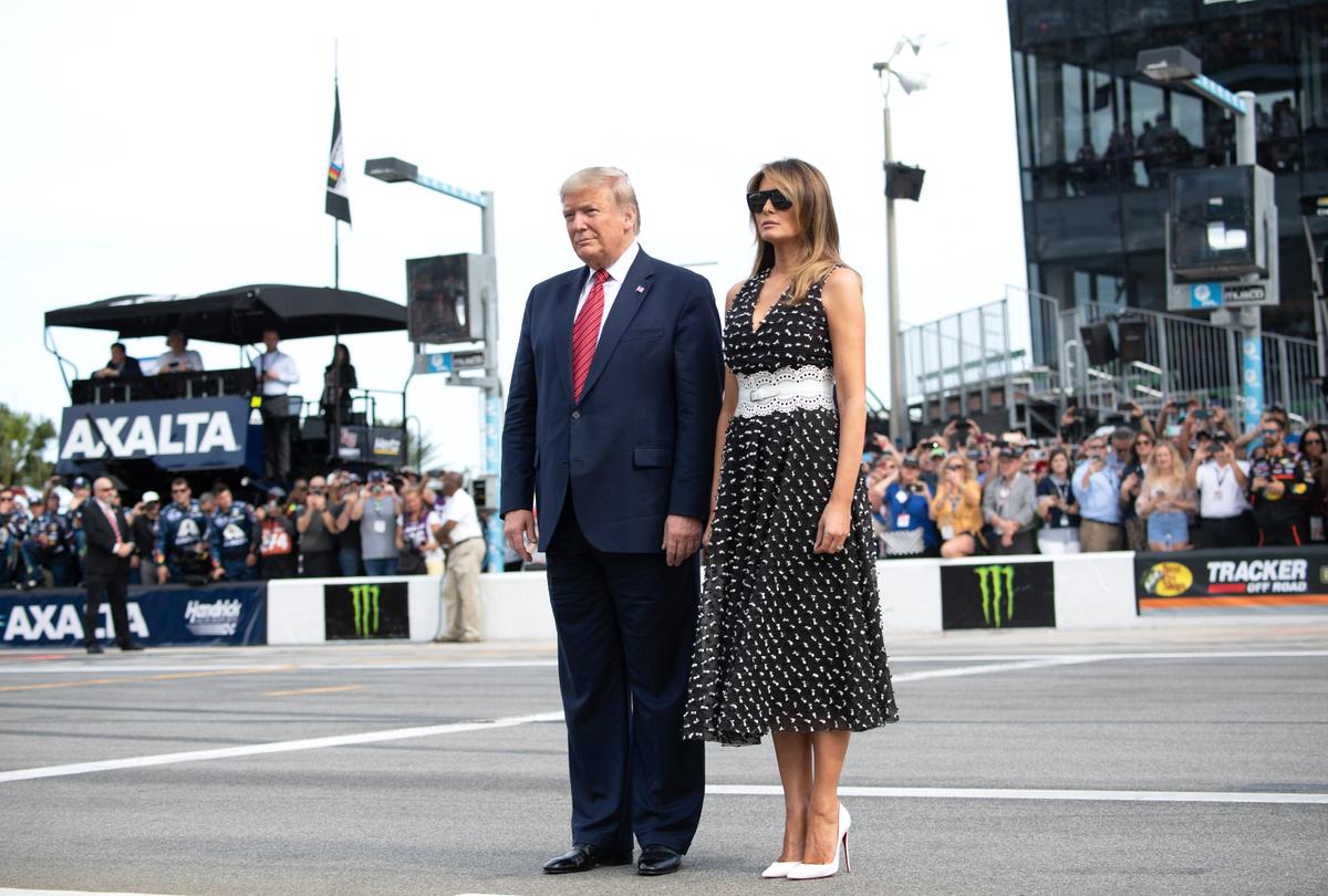 President Donald Trump and First Lady Melania Trump attend the Daytona 500 NASCAR race at Daytona International Speedway in Daytona Beach, Fla., on Feb. 16, 2020. (Saul Loeb/AFP via Getty Images)