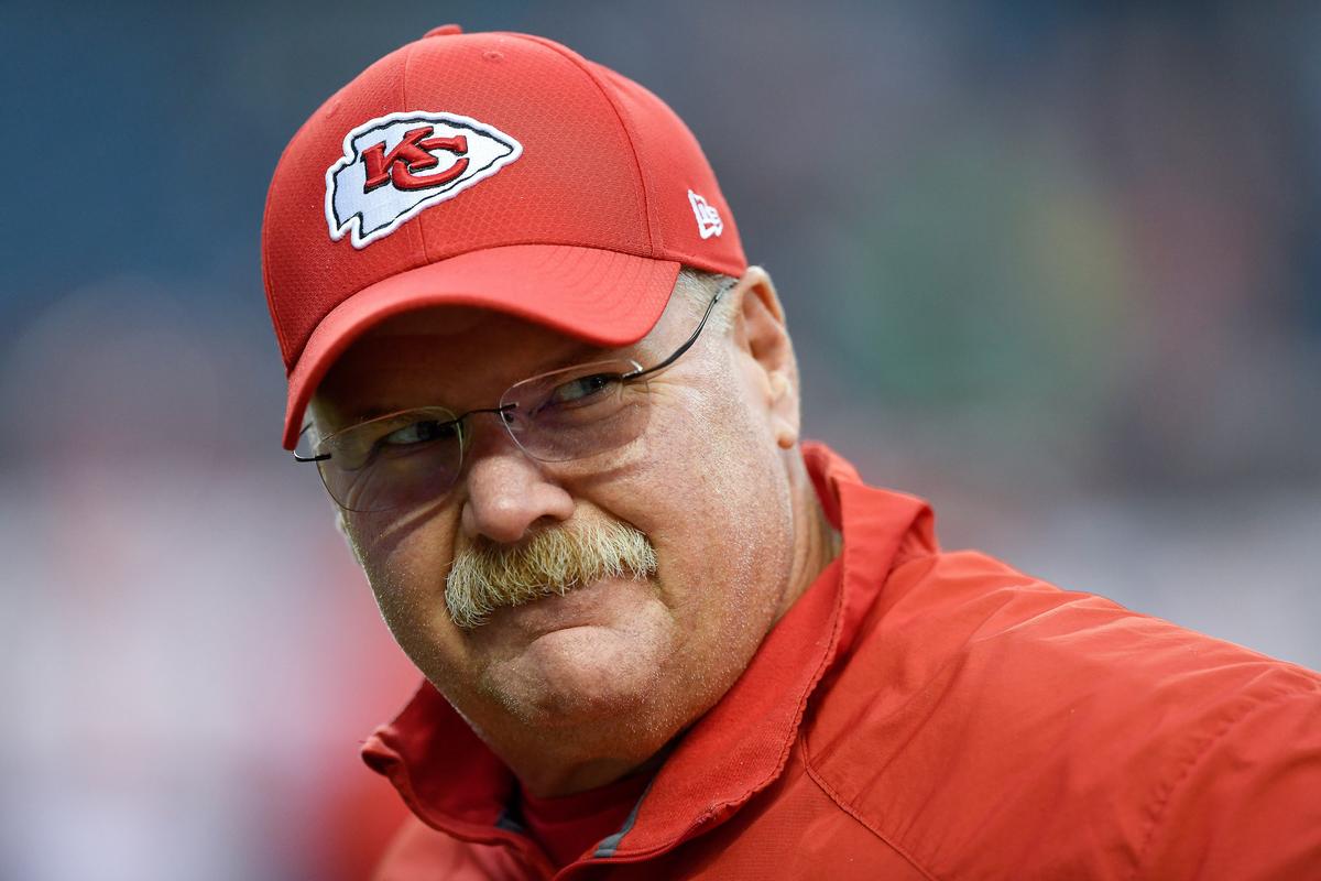 Reid pictured before a Chiefs game against the Denver Broncos at Broncos Stadium at Mile High in Denver, Colorado, on Oct. 1, 2018 (©Getty Images | <a href="https://www.gettyimages.com/detail/news-photo/head-coach-andy-reid-of-the-kansas-city-chiefs-looks-on-as-news-photo/1044352668?adppopup=true">Dustin Bradford</a>)