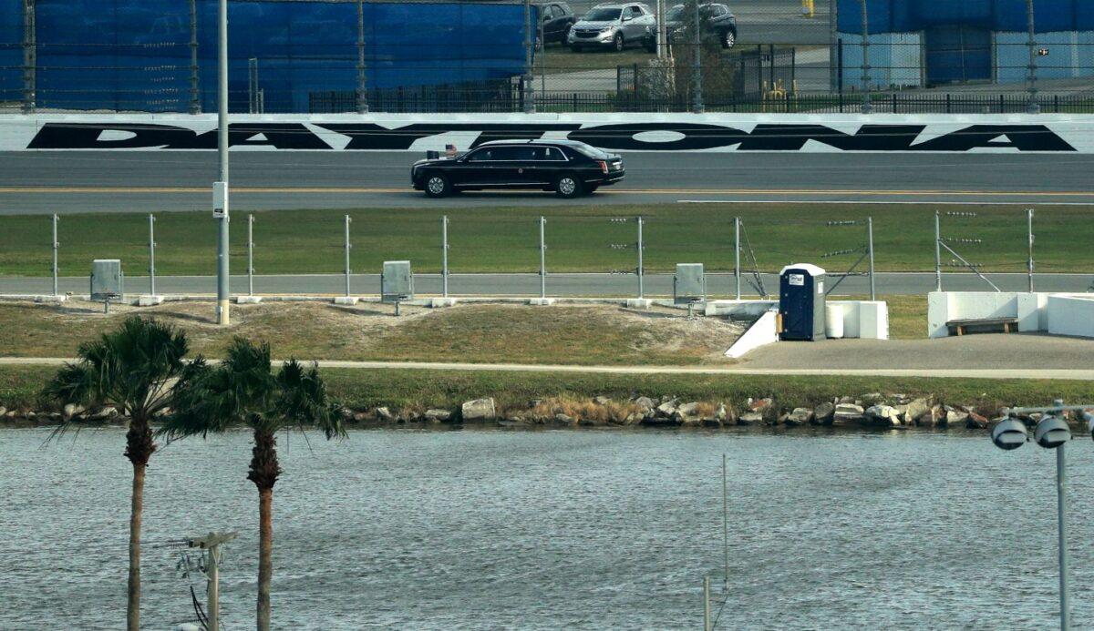President Donald Trump leads a pace lap around Daytona International Speedway during the NASCAR Cup Series 62nd Annual Daytona 500 at on February 16, 2020 in Daytona Beach, Florida. (Photo by Mike Ehrmann/Getty Images)