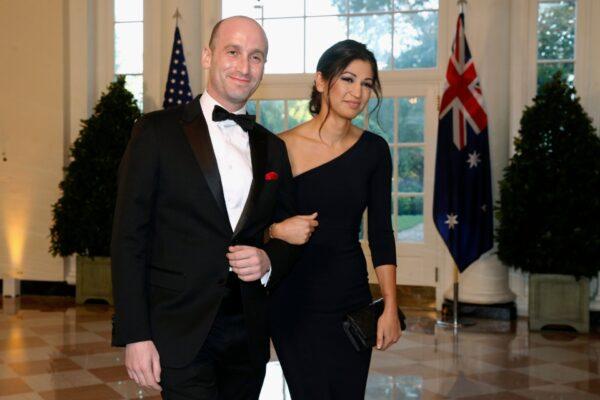 President Donald Trump's White House senior adviser Stephen Miller (L) and Katie Waldman, press secretary for Vice President Mike Pence, arrive at the White House, on Sept. 20, 2019. (Patrick Semansky/AP Photo)