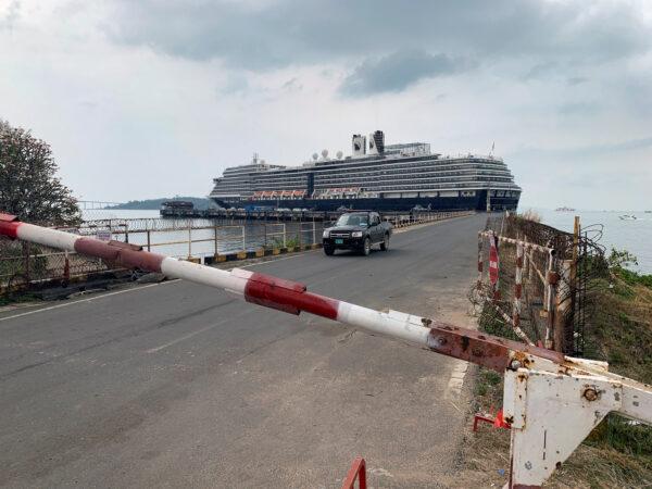 The security checkpoint in front of cruise ship MS Westerdam at dock in the port of Sihanoukville, Cambodia, on Feb. 17, 2020. (Clare Baldwin/Reuters)