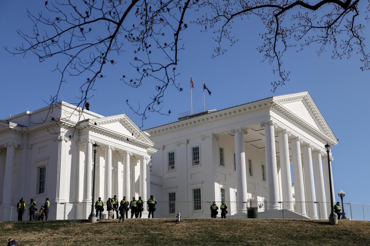 Virginia State Police stand guard after gun rights advocates took part in a rally at the Virginia State Capitol in Richmond on Jan. 20, 2020. (Samira Bouaou/The Epoch Times)