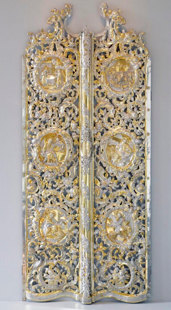 Monastery gates from Kyiv, Ukraine, circa 1784, by an unknown artist. Embossed, pierced, and engraved, partially gilded silver and iron. (Victoria and Albert Museum, London)
