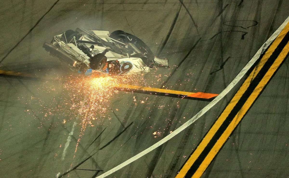 Ryan Newman crashes and flips during the NASCAR Daytona 500 auto race at Daytona International Speedway, in Daytona Beach, Fla., on Feb. 17, 2020. (Mike Ehrmann/Getty Images)