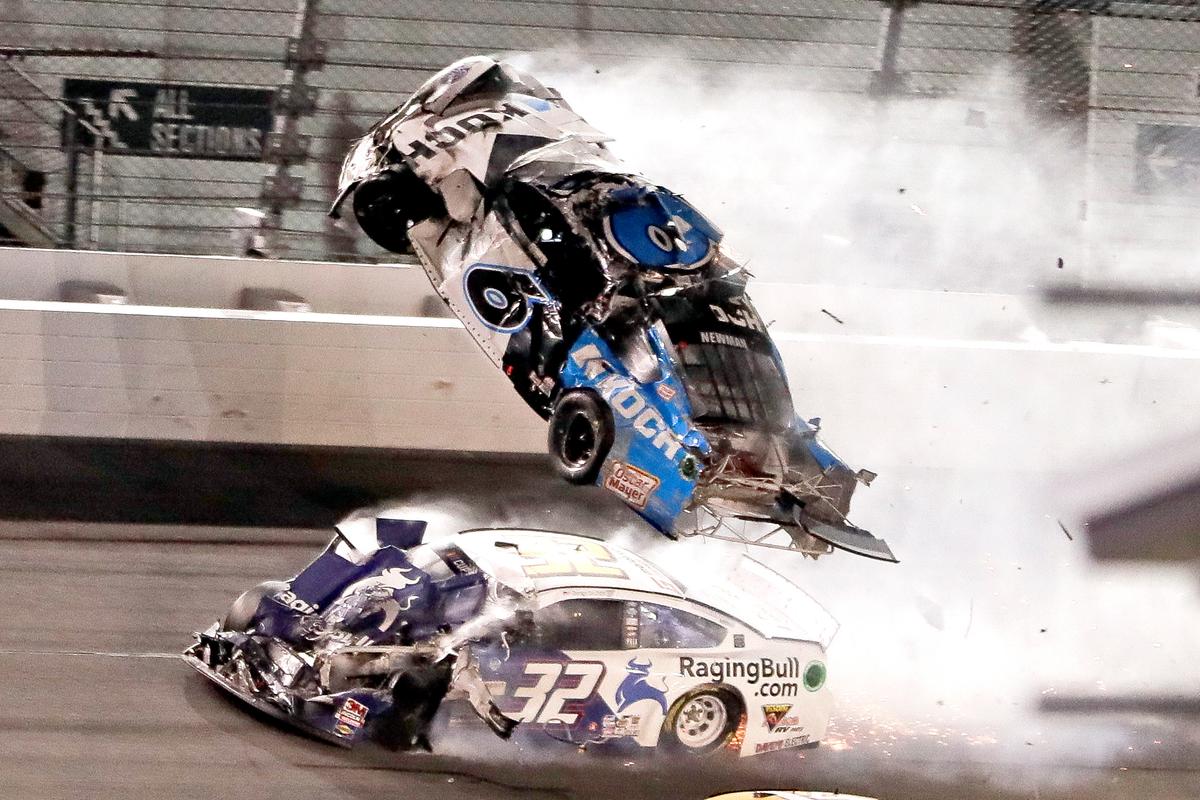 Ryan Newman (6) goes airborne as Corey LaJoie (32) crashes in to him on the final lap of the NASCAR Daytona 500 auto race at Daytona International Speedway, in Daytona Beach, Fla., on Feb. 17, 2020. (John Raoux/AP Photo)