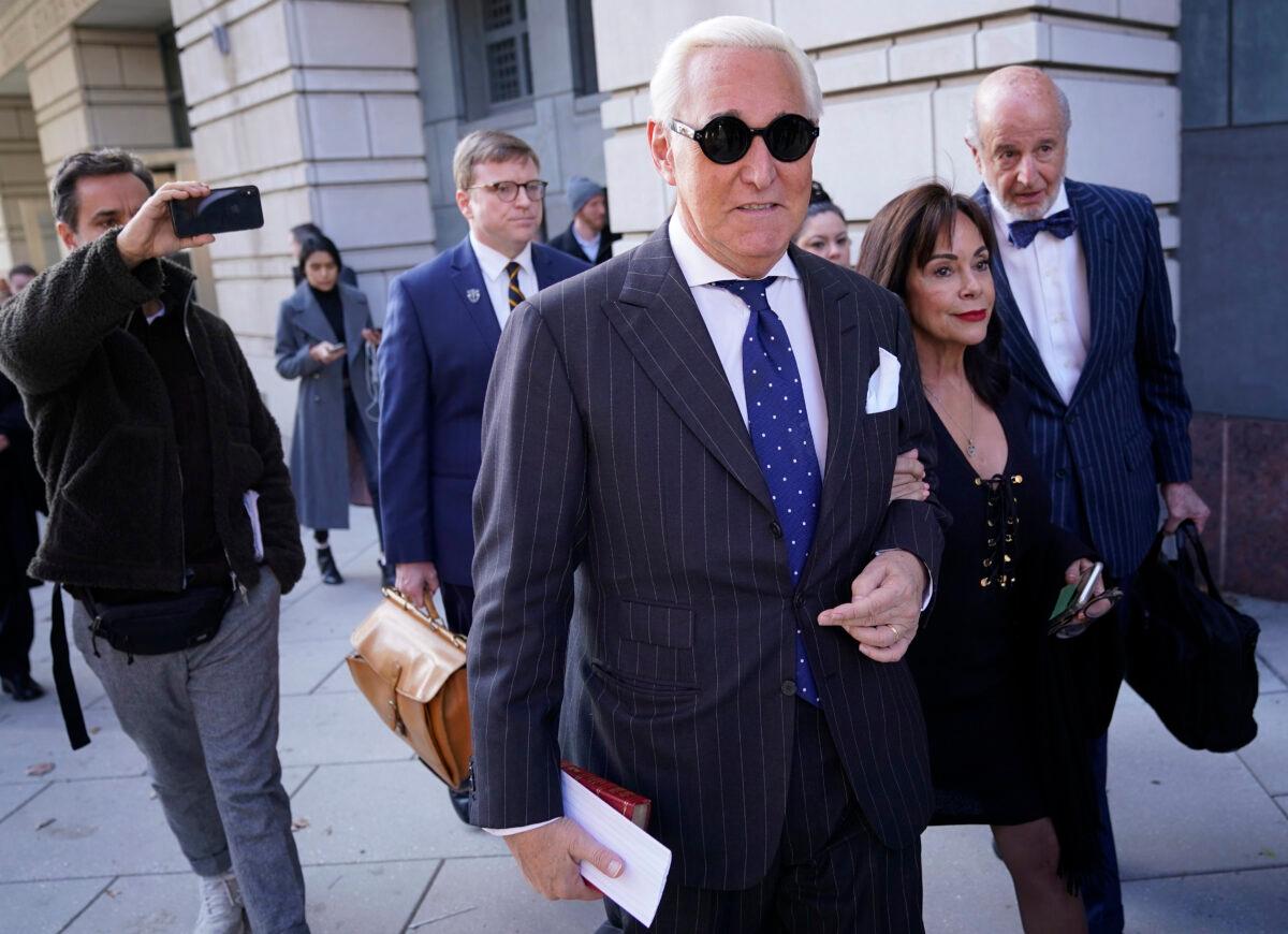 Roger Stone, former adviser to President Donald Trump, departs the E. Barrett Prettyman United States Courthouse in Washington on Nov. 15, 2019. (Win McNamee/Getty Images)