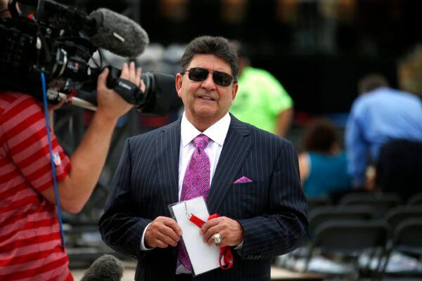 Owner of the San Francisco 49ers Edward DeBartolo Jr., is interviewed before the Pro Football Hall of Fame ceremony at Tom Benson Hall of Fame Stadium in Canton, Ohio on Aug. 8, 2015. (Gene Puskar/AP Photo)