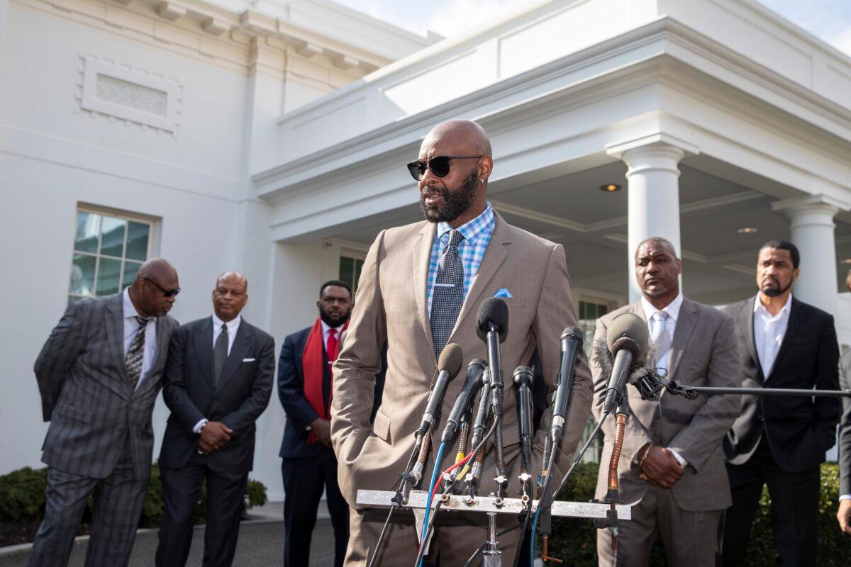 Former NFL football player Jerry Rice speaks after walking out of the West Wing of White House in Washington on Feb. 18, 2020. (Alex Brandon/AP Photo)