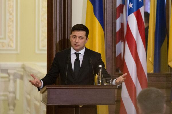 Ukraine President Volodymyr Zelensky attends a press conference with U.S. Secretary of State Mike Pompeo at the president's office in Kyiv, Ukraine, on Jan. 31, 2020. (Anastasia Vlasova/Getty Images)