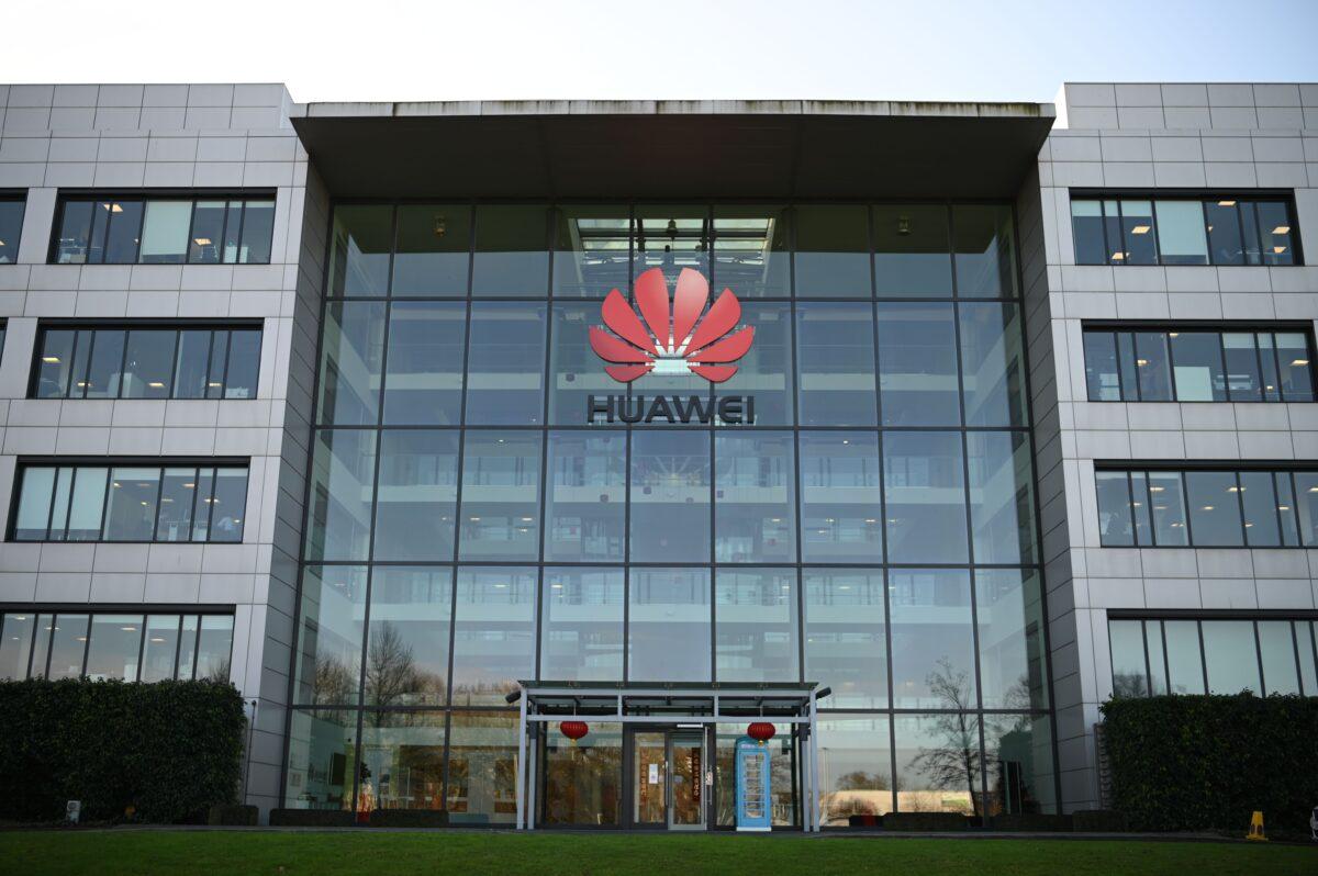 A photograph shows the logo of Chinese company Huawei at their main UK offices in Reading, west of London, on Jan. 28, 2020. (Daniel Leal-Olivas/AFP via Getty Images)