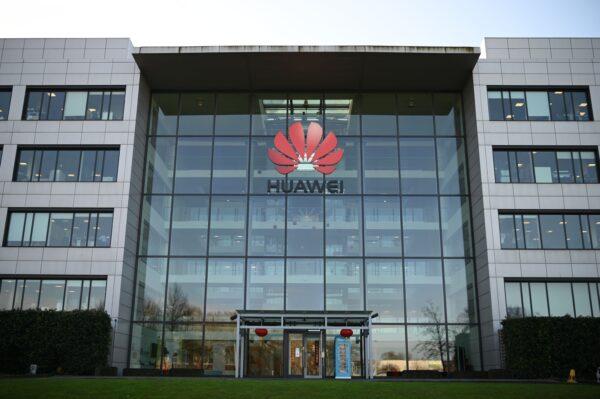 The logo of Chinese company Huawei at its main UK offices in London on Jan. 28, 2020. (Daniel Leal-Olivas/AFP via Getty Images)