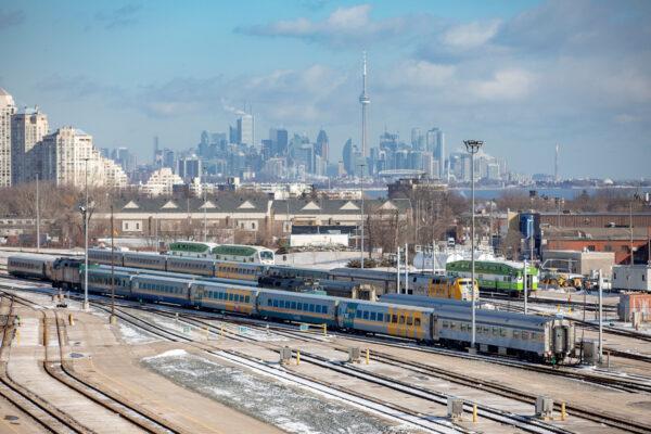 VIA Rail trains are seen parked at Via Rail's Toronto Maintenance Centre after CN Rail said it will halt operations in eastern Canada and VIA Rail cancelled its service, as its rail lines continue to be blocked by anti-pipeline protesters, at Union Station in Toronto on Feb. 14, 2020. (Carlos Osorio/Reuters)