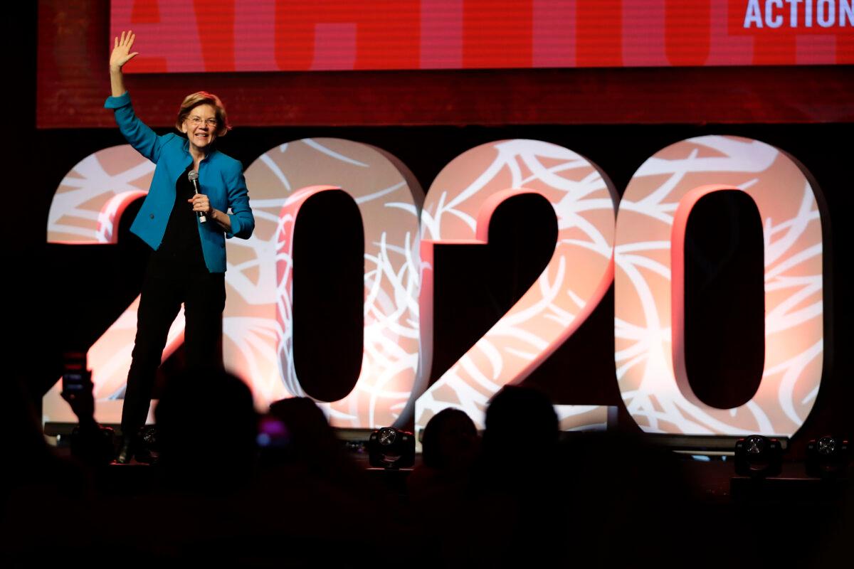 Democratic presidential candidate Sen. Elizabeth Warren (D-Mass.) speaks at a campaign rally in Las Vegas on Feb. 18, 2020. (Matt York/AP Photo)