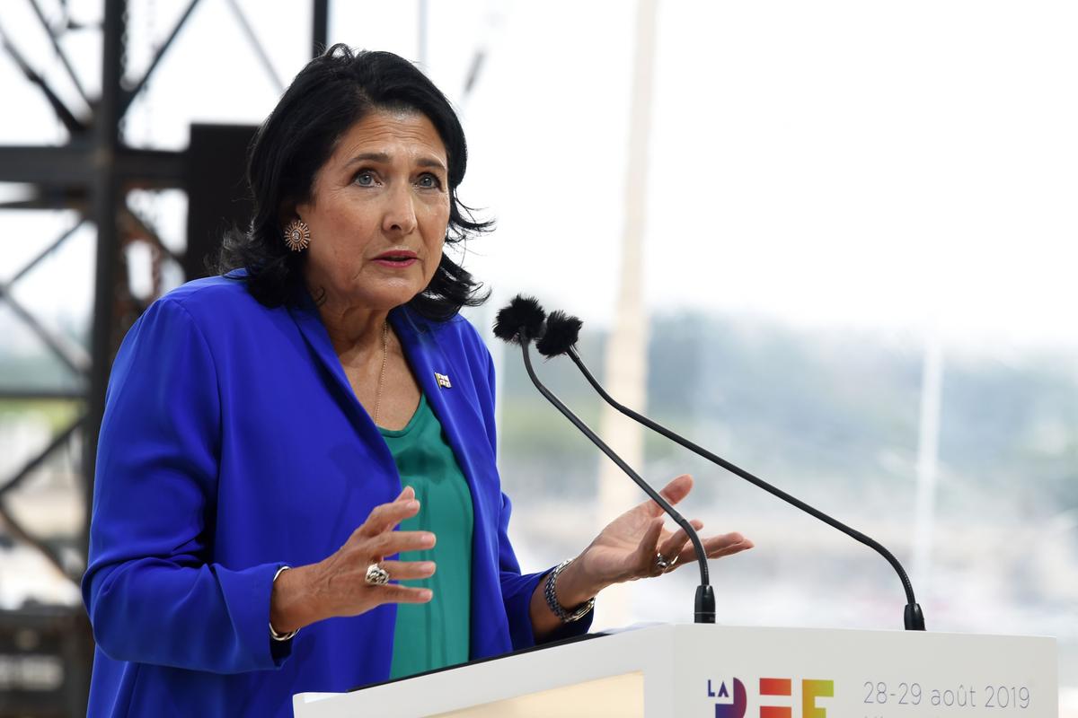Georgian President Salome Zourabichvili delivers a speech in Paris, France, in 2019. (Eric Piermont/AFP via Getty Images)