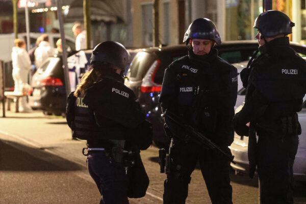 Police officers secure the area after a shooting in Hanau near Frankfurt, Germany, on Feb. 19, 2020. (Reuters/Kai Pfaffenbach)