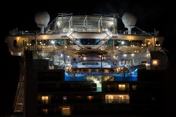 The quarantined Diamond Princess cruise ship sits docked at the Daikoku Pier at night in Yokohama, Japan on Feb. 20, 2020. (Tomohiro Ohsumi/Getty Images)