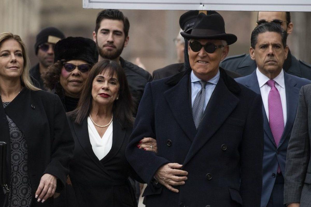 Roger Stone accompanied by his wife, Nydia Stone (2nd L), arrives at federal court in Washington on Feb. 20, 2020. (Manuel Balce Ceneta/AP Photo)