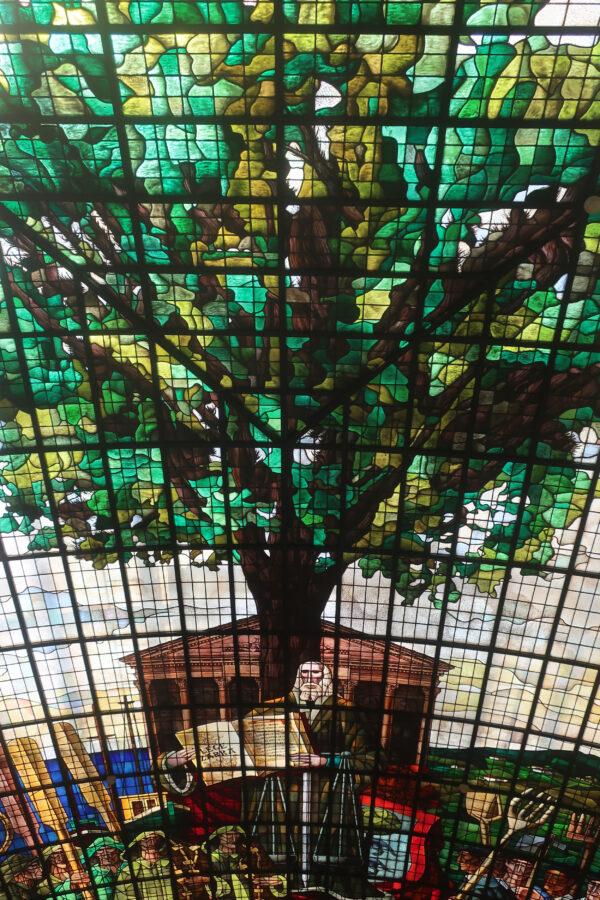 The stained-glass ceiling of the Basque Assembly House depicts the Tree of Gernika. (Kevin Revolinski)
