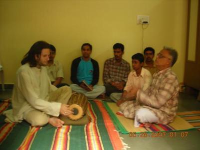 Nemanja playing the mridangam in India. (Courtesy of Nemanja Rebic)
